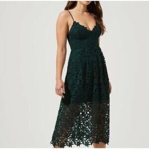 ASTR Green Lace Dress Women's M Hunter Green Adjustable Straps Back Zip V-neck